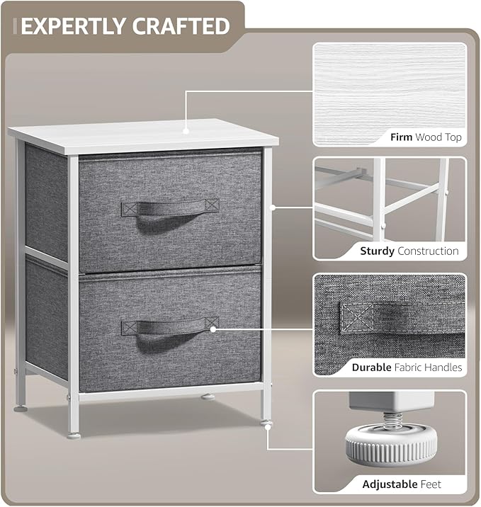 Sorbus Nightstand with 2 Drawers - Bedside Furniture End Table Night Stand with Steel Frame, Wood Top & Easy Pull Fabric Bins - Small Dresser & Chest for Home, Bedroom Accessories & Office