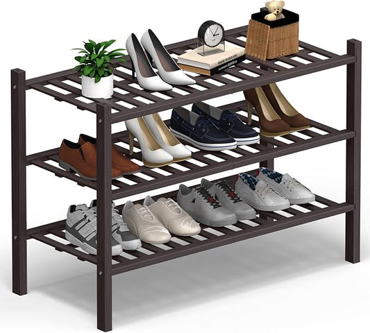 Haddockway 3 Tier Bamboo Shoe Rack Storage Organizer, Multifunctional Free Standing Stackable Shoe Shelf with Grid Panel for Closet,Hallway,Entryway,Small Space 27"x11"x20"