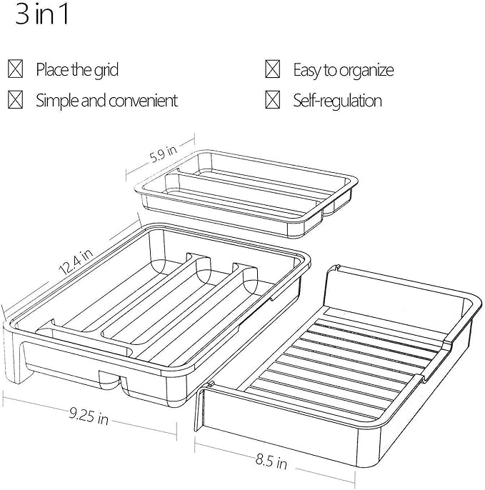 HornTide 3-in-1 Cutlery Tray, Expandable Utensils Holder, Plastic Kitchen Drawer Organizer for Silverware Storage and More - Blue