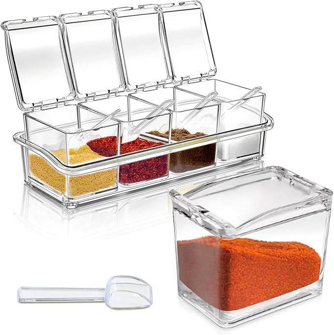 4-Cell Clear Seasoning Rack Spice Box Storage Container Condiment Jars Acrylic Seasoning Box with Cover and Spoon