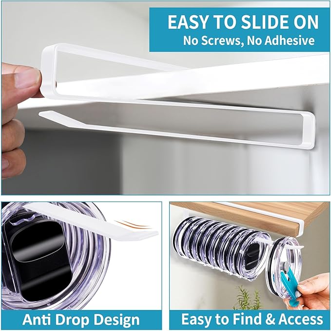 ARTLEO Shallow Tumbler Lid organizers for Cabinet, Space Saving Yeti Tumbler Lid Holder, Stanley Cup Lid organizers Under Cabinet, No Drill Cup Lid Hanger Must-Have 2025, 2 Pack Storage