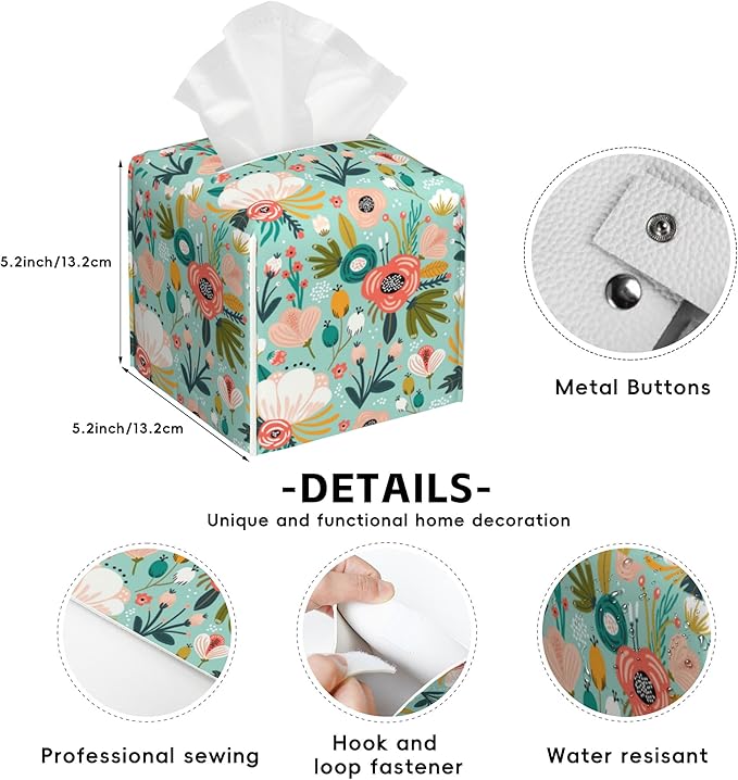 Watercolor Flowers Tissue Box Cover Square,Tissue Box Holder with Belt Bottom,Stylish Leather Napkin Holder for Vanity Countertop,Nightstands,Office Desk,5.2"Ã5.2"Ã5.2"