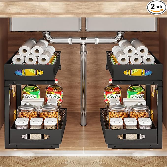 2Pack Under Sink Organizer 2 Tier Kitchen Spice racks and Storage – Pull Out Cabinet Organizer for Cleaning Products, Pantry Organization (Black)