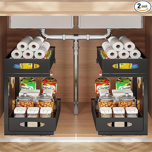 2Pack Under Sink Organizer 2 Tier Kitchen Spice racks and Storage – Pull Out Cabinet Organizer for Cleaning Products, Pantry Organization (Black)