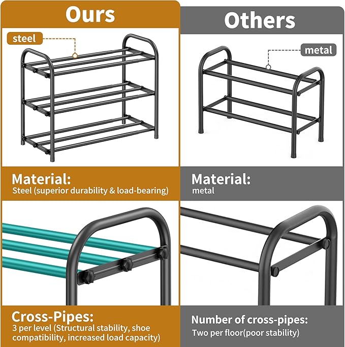 3-Tier Expandable Shoe Rack for Entryway，Adjustable Metal Shoe Organizer for Closet,Living Room,Dorm,Black