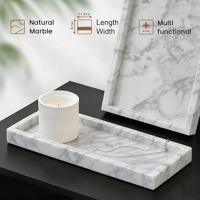 Natural Marble Tray, Stone Tray for Bedroom/Bathroom/Kitchen/Vanity Countertop, Jewelry Tray for Rings Earrings Necklace Bracelet Watch, Room Decor Aesthetic