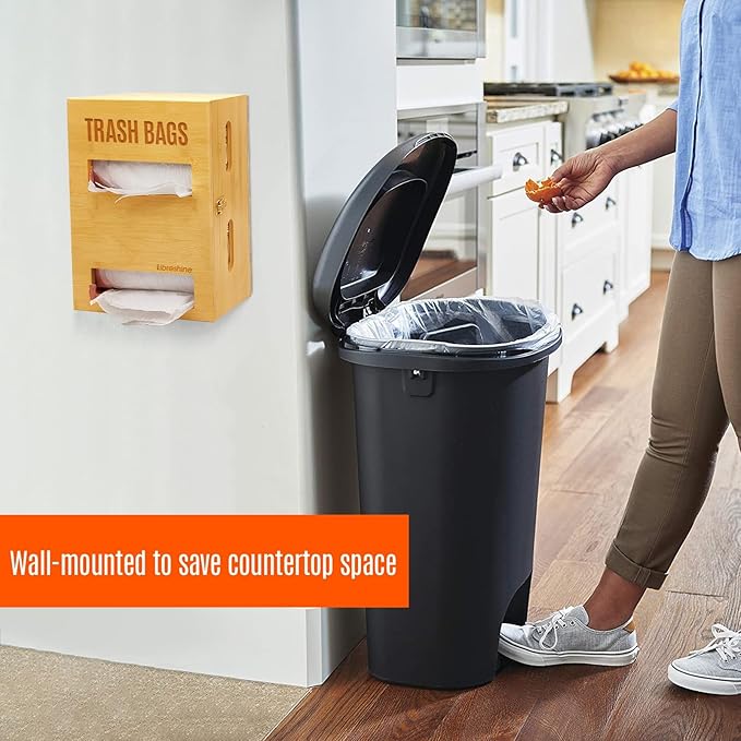 Bamboo Double Trash Bag Holder Dispenser – Wall Mount or Cabinet Storage for Kitchen/Pantry/Laundry, Holds 2 Standard Rolls – Space-Saving Garbage Bag Organizer with Easy Access