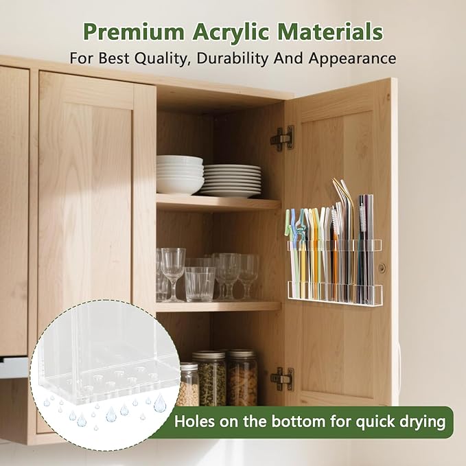 9.5â Large Acrylic Straw Holder for Cabinet Door - Reusable Tumbler Straw Organizer Storage, Small Kitchen Accessories Container, Ultra Sticky Cupboard Door Mounted (Transparent)