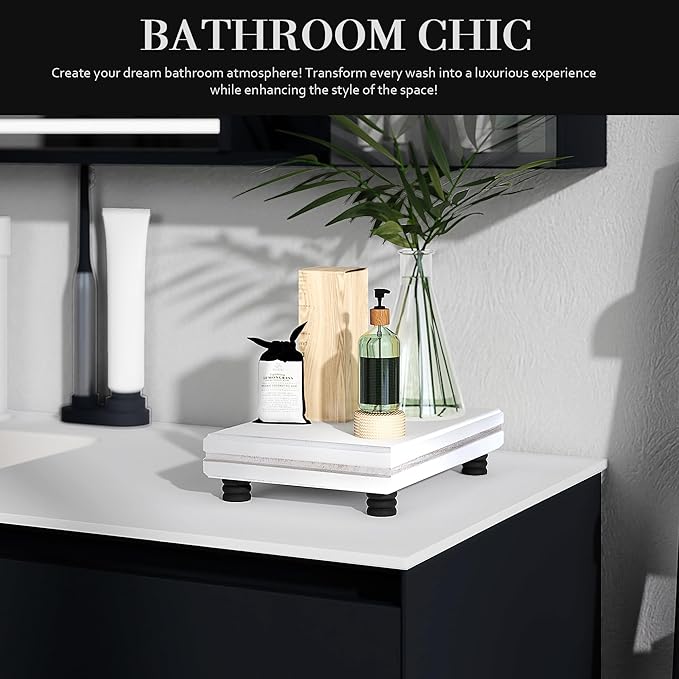 EOSAHR Farmhouse Wooden Pedestal Stand for Home and Kitchen Use â Decorative Tray for Sink Sponge Holder â The Bathroom Counter Organizer to Elevate Home Decor (Black & White)