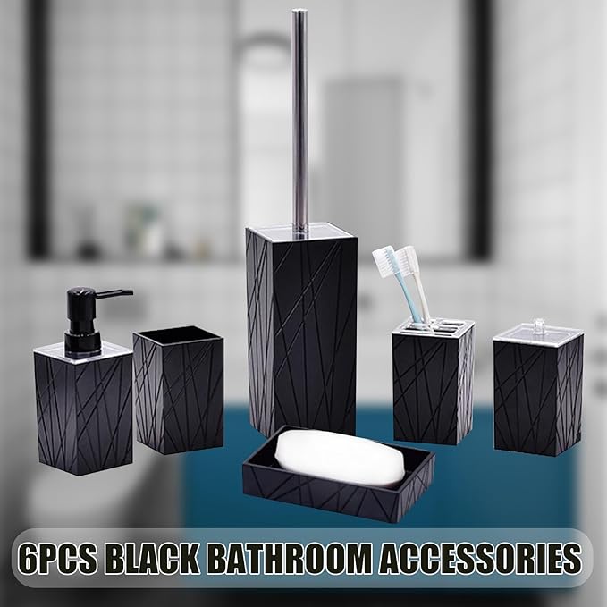 Bathroom Accessory-6Pcs Black Bathroom Accessories Set Includes Soap Dispenser, Toothbrush Holder and Cup, Soap Dish, Toilet Brush and Holder, Qtip Holder