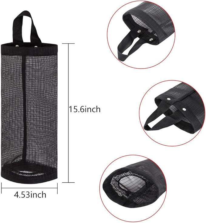 Bag Holder for Plastic Bags, 2 Pcs Polyester Grocery Bag Holder Plastic Dispenser Foldable Breathable Washable Hanging Mesh Garbage Bag Organizer for Kitchen Plastic Bag Storage (Black)
