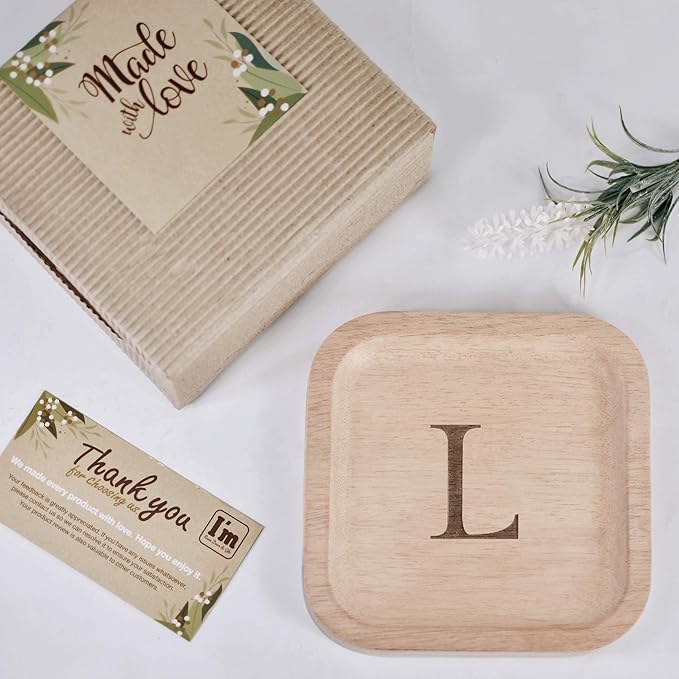 I'm Wooden Personalized Letter Catchall Valet Tray Trinket Dish Jewelry Tray Key Bowl Decorative Plate Organizing Ring Earrings Necklaces Bracelet Watch Coins Wallet Holder (6"x6" Sq Natural L)