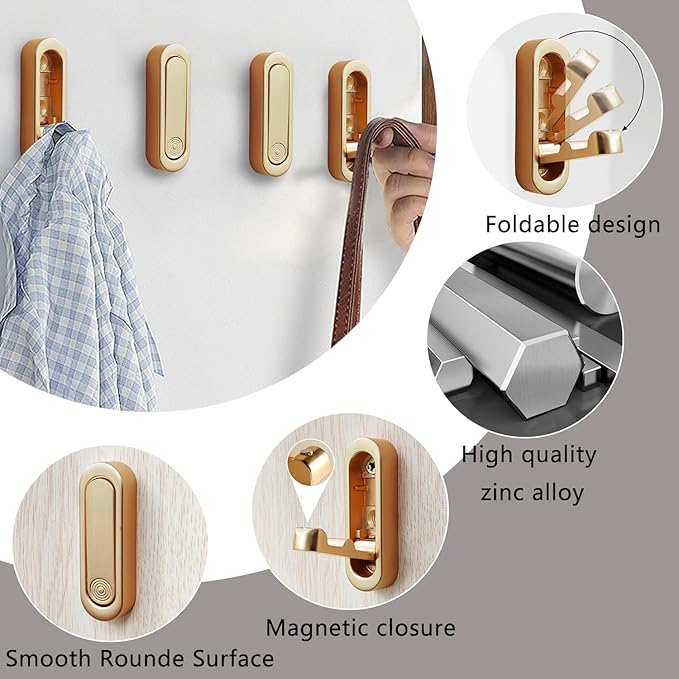 4Pcs Folding Coat Hooks, Heavy Duty Foldable Hooks Made of Zinc Alloy, Foldable Gold Wall Hooks for Bathroom, Closet, Entryway, Pool and Kitchen are Coat, Backpack, Key Storage Solutions(Gold)
