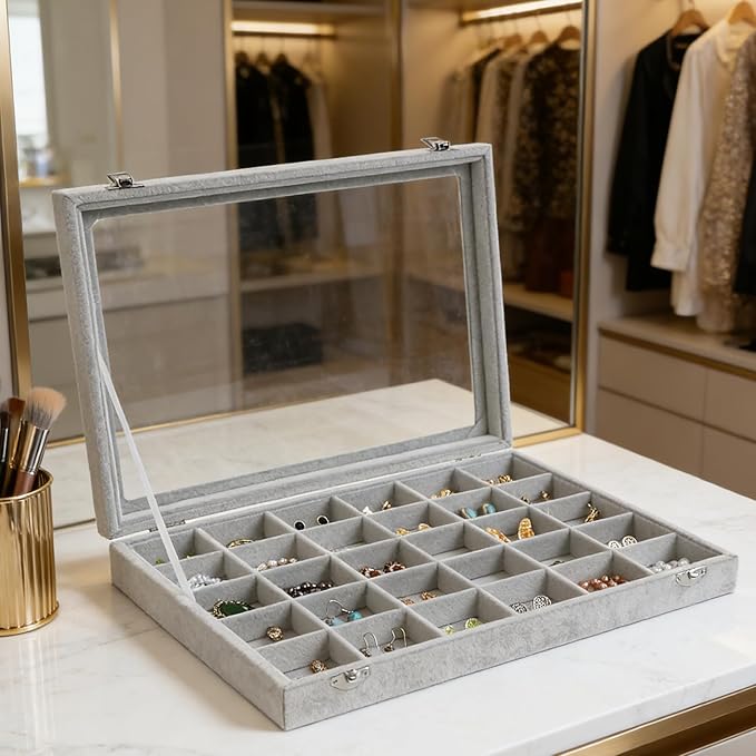 Wudygirl 30 Grid Jewelry Organizer Velvet Jewelry Box Jewelry Tray with Clear Lid Storage Case Showcase Display Stackable Removable (30 Grid)