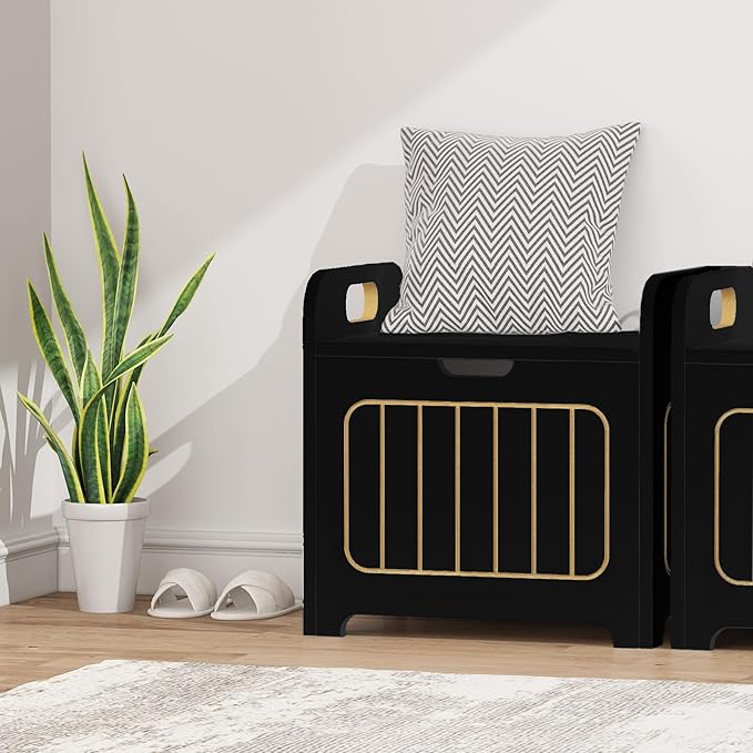 Black Wooden Storage Chest, Small Cube Storage Box Organizer with Handles, Wooden Storage Bin for Books and Clothes, Square Side Table for Entryway, Living Room or Bedroom