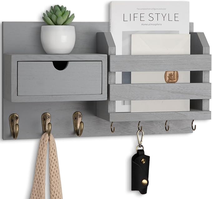 Wall Mount Key Holder with Mail Organizer, 100% Paulownia Wood, 7 Metal Hooks, Storage Drawer, Entryway Home Decor (Gray)