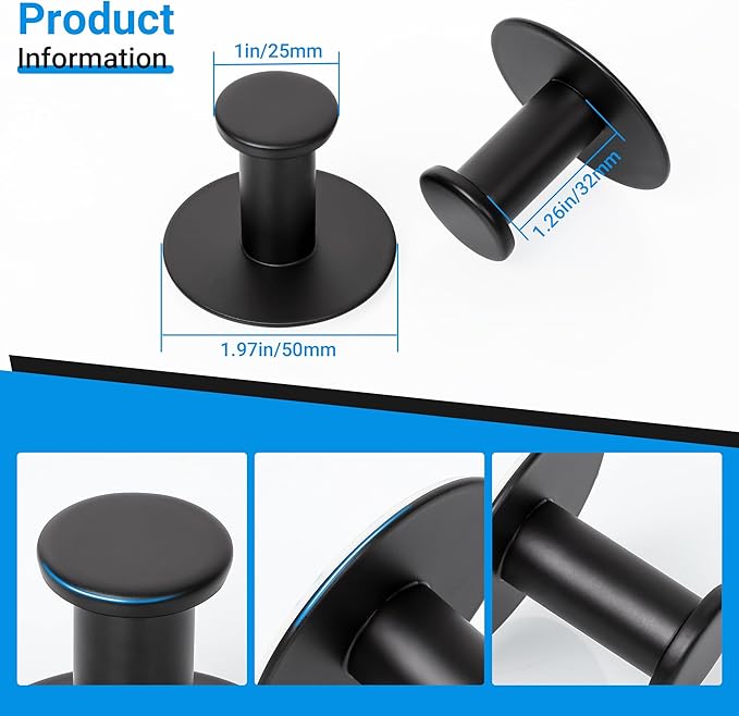 SAYAYO Self Adhesive Hooks for Hanging, Coat Hooks Wall Mount Matte Black Towel Hook for Bathrooms, Stick on Hook SUS304 Stainless Steel, 4pcs