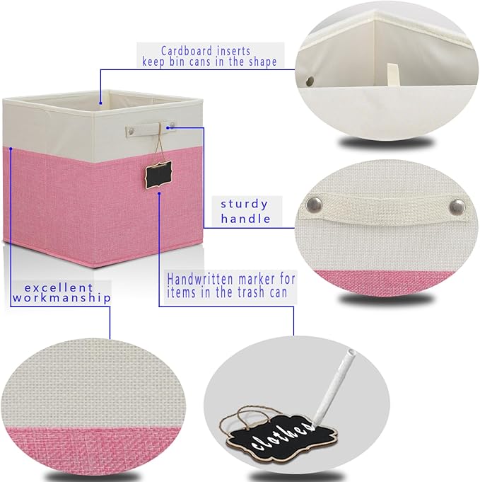 Foldable Fabric Storage Cubes 4 Pack - 13x13x13 - Linen Cubes for Kallax Shelves (White, Pink) with Labels