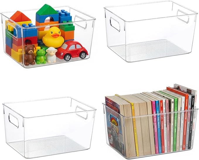 Clear Plastic Storage Bins, 4 Pack Pantry Organizer Bins with Handle for Kitchen, Office, Closet, Cabinet, Laundry Room, Freezer, Bathroom & Home Organization