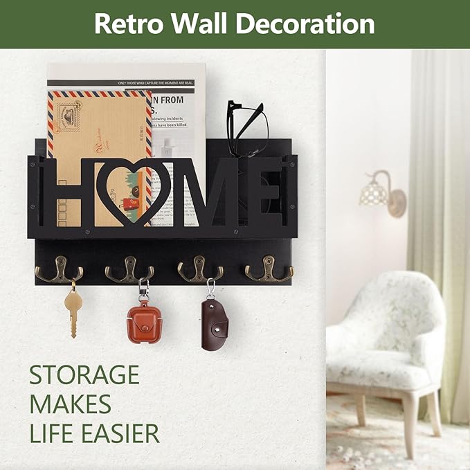 Wall Mount Mail and Key Holder, Wooden Mail Organizer with 4 Double Hooks, Black Metal Letters, Farmhouse Home Decor, Entryway Storage, 10.8 x 3.3 x 6.2 Inches