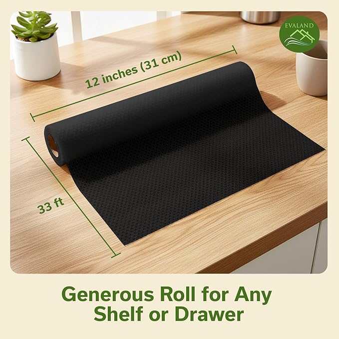EVALAND Shelf Liners for Kitchen Cabinets Non-Adhesive 12" x 33 FT Black Drawer Liner Non Slip, Washable Cabinet Liner, Waterproof Shelf Liners for Cabinets, Refrigerator Bathroom Pantry - Thickened