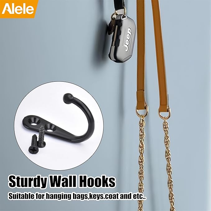 Alele 12Pcs Wall Mounted Coat Hooks,Single Prong Robe Hook for Hanging,Black-Painted (Black Single Rebo Hook 12p)
