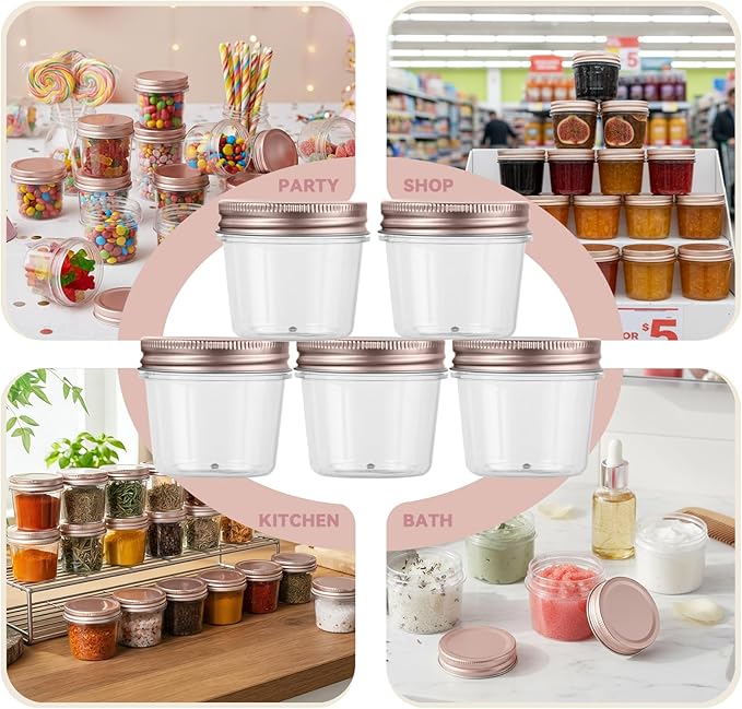 novelinks 4 oz Small Plastic Jars with Lids, 20 Pack Mini Plastic Mason Jars with Lids 4oz, Craft Storage Containers & Canning Jars & Small Spice Jars for Kitchen Organization (20 Pack,Rose Gold)