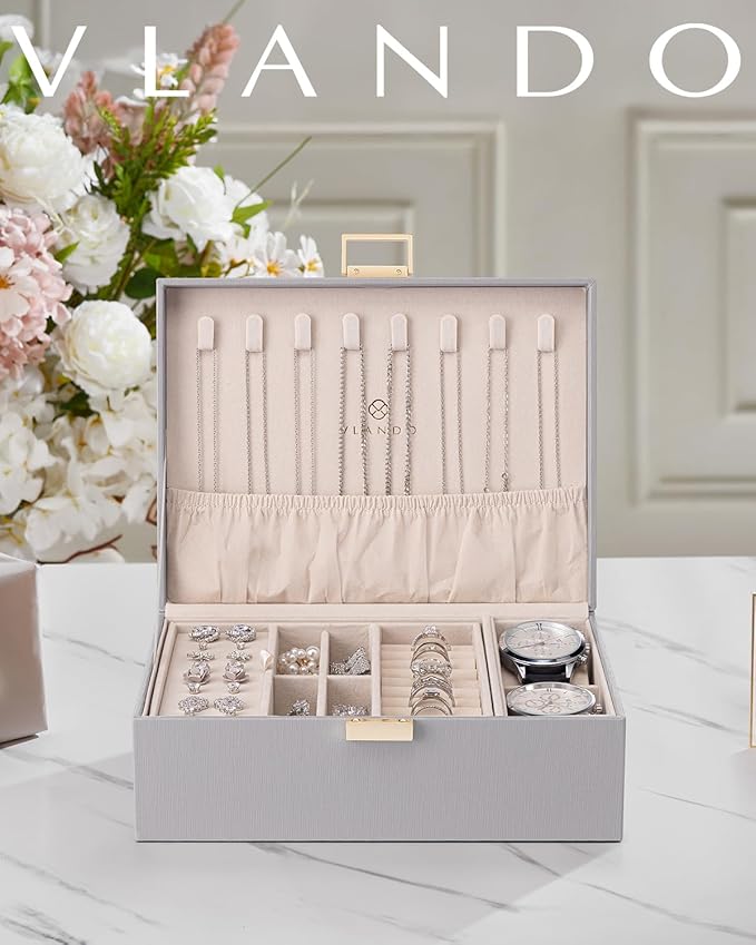 Vlando 2 Layer Jewelry Box Large Jewelry Organizer for Women Removable Jewelery Tray with Watch Pillow for Necklace Earrings Rings Bracelets Gifts for Couples Mom Friends, Bridesmaid (Grey)