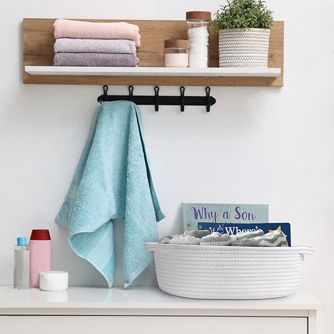 White Small Woven Basket, 13â x 9â x 5â Baskets for Gifts Empty Cotton Rope, Cute Nursery Baby Storage Organizer, Wicker Cat Toy Bin Box with Handles, Empty Gift Boo Basket