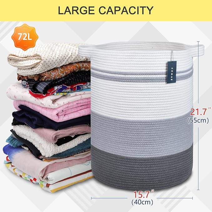 COMSE Extra Large Blanket Basket, Tall Laundry Basket, Nursery Hamper, 15.7âx 21.7â, Cotton Rope Woven Laundry Hamper for Storage Toys Clothes Towels, Gradient Gray