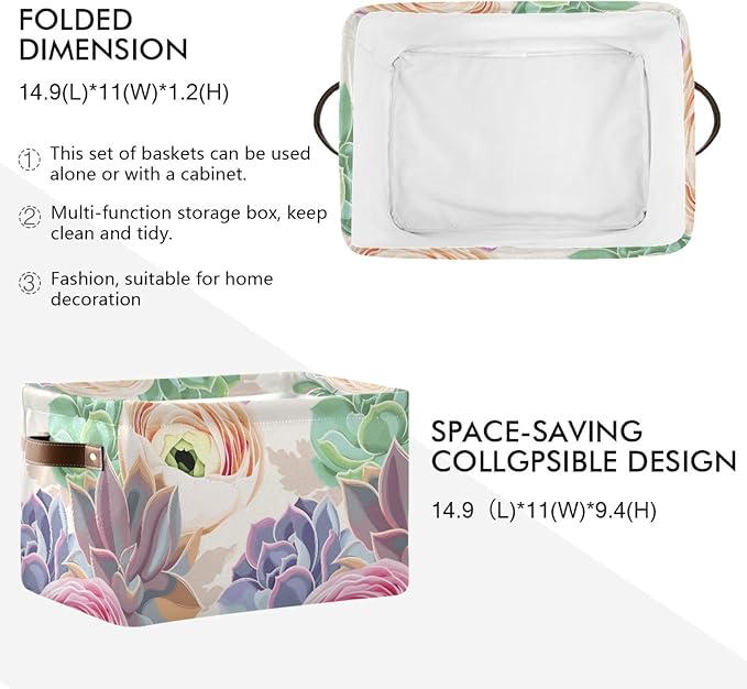 susiyo Large Foldable Storage Bin Succulent Flowers Cactus Fabric Storage Baskets Collapsible Decorative Baskets Organizing Basket Bin with PU Handles for Shelves Home Closet Bedroom Living Room-1Pack