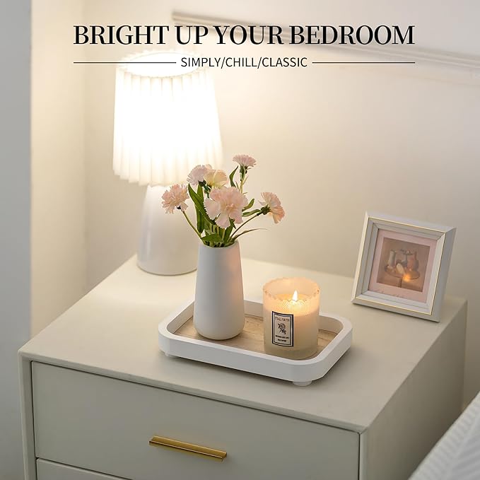 Hanobe Bathroom Vanity Perfume Tray: White Decorative Dresser for Women - Wood Stand Riser Rectangular for Home Decor - Pedestal Counter Display