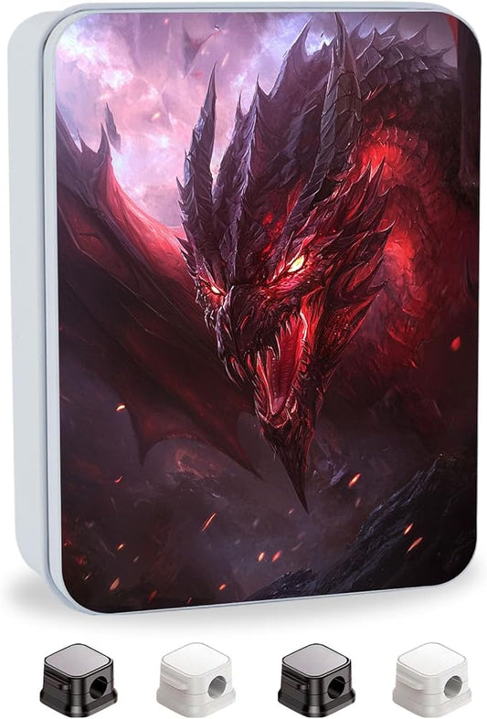 Metal Tin Box with Lid,Multi-functional Storage Large Box Can Store Tea Biscuits Game Cards, Playing & Tarot Cards-Comes with 4 Magnetic Cord Clips,Red Dragon Portrait