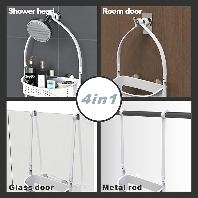 Shower Caddy Hanging, Anti-Swing Shower basket over showerhead with suction cups; Never rust Bathroom Organizer over the door, Multiple Hanging Modes Shelf with Hooks, Matte Grey