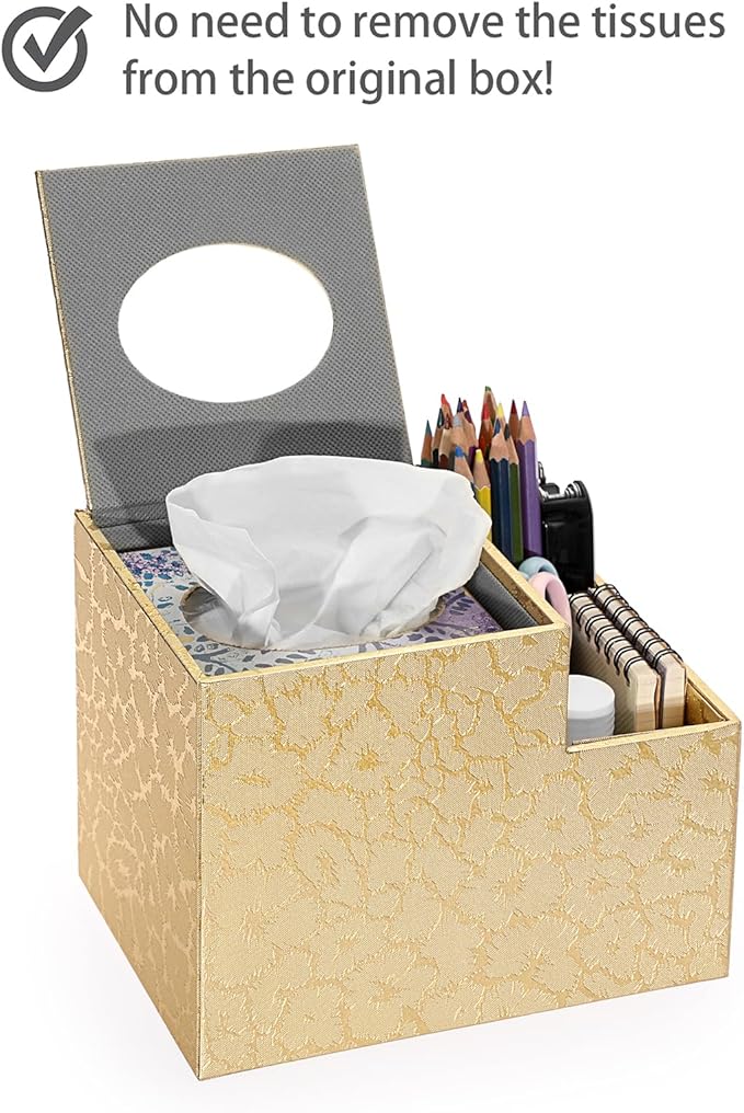 Sumnacon Square Leather Tissue Box Cover - PU Cube Tissue Box Holder with Side Organizer, Decorative Tissue Box for Living Room Vanity Night Stand Desk Countertop Office, Gold