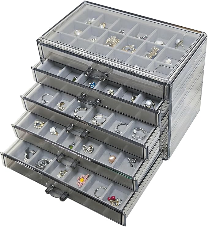 Acrylic Earring Holder Organizer with 5 Drawers Clear Earring Organizer Box with 90 Adjustable Grids Velvet Earring Display Case Jewelry Organizer for Earrings Rings Studs (Brown Gray)