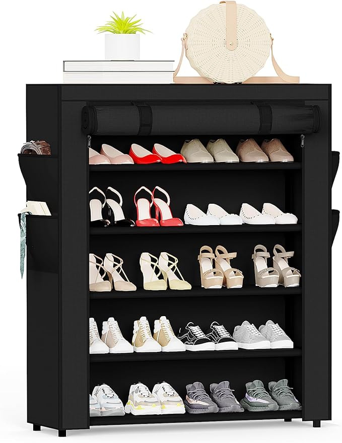 Mavivegue Shoe Rack with Cover, 5 Tier Shoe Organizer for Entryway, Shoe Storage for Front Door Entrance, Closet