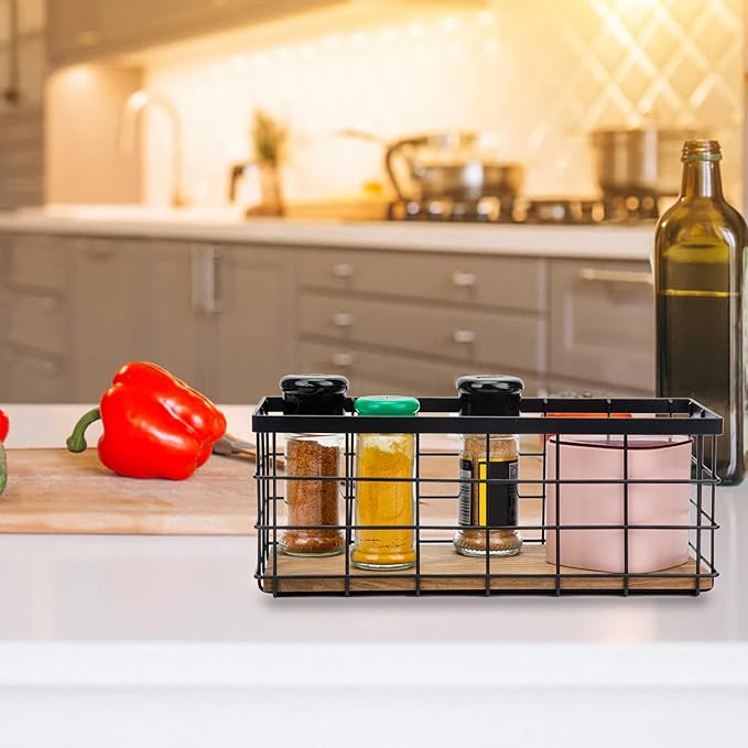 TIEYIPIN Farmhouse Small Metal Wire Storage Basket Bin, Rustic Home Storage Organizer with Wooden Bottom for Kitchen, Cabinets, Bathroom Counter, Pantry, Garage, Laundry Room - Black (4 Pack)