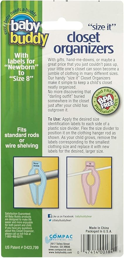 Size-It Closet Organizers by Baby Buddy - Baby Clothes Closet Dividers Nursery Clothing Organization for Babies and Kids, Newborn up to Size 8, Clothes Divider for Closet, White, 5 Count