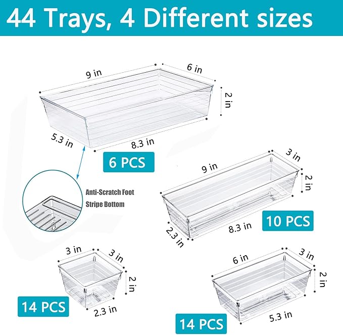 44 PCS Clear Drawer Organizers Set, 4 Size Versatile Bathroom and Vanity Organizer Trays, Cosmetic Display Cases for Makeup, Jewelries, Bedroom，Kitchen Utensils and Office