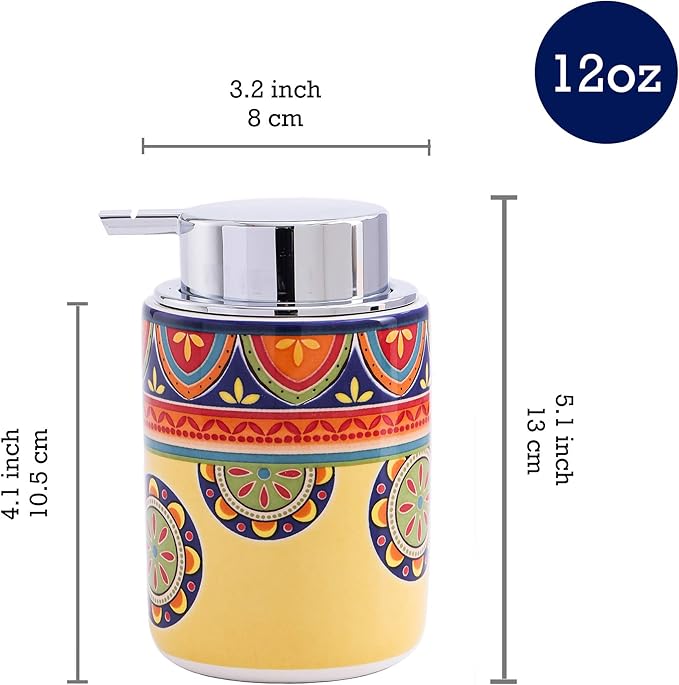 Bico Tunisian Ceramic 12oz Soap Dispenser with Removable Pump, Ideal for Kitchen, Bathroom, Lotion and Essential Oil