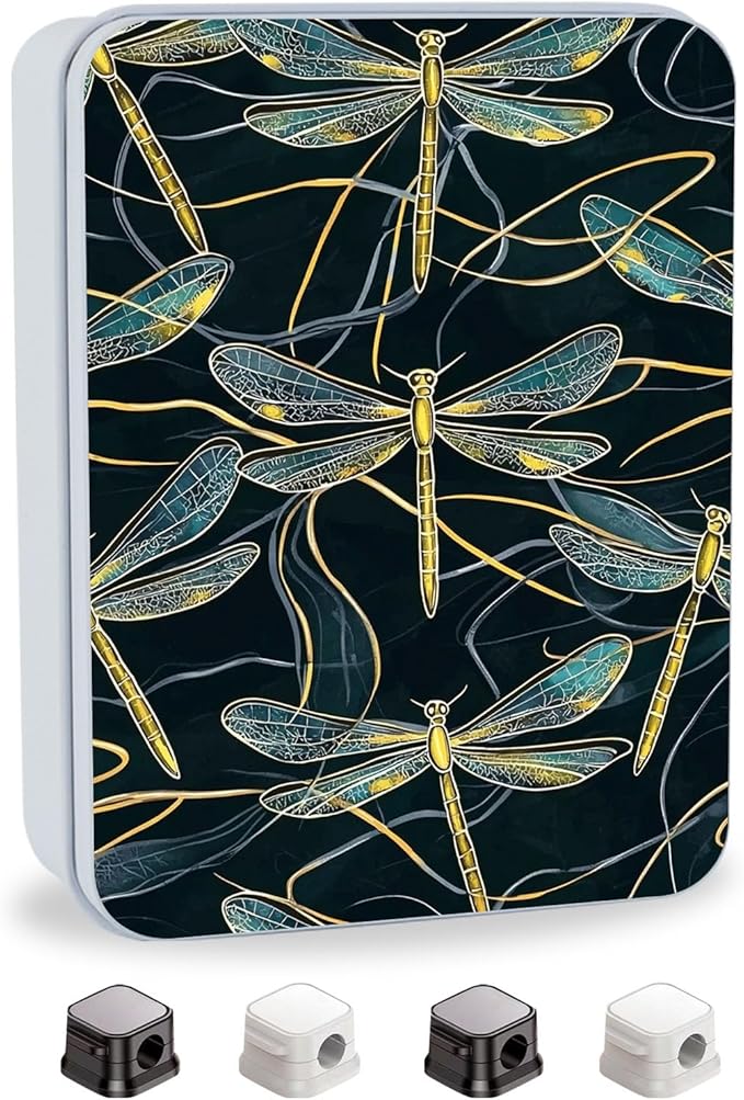Metal Tin Box with Lid,Multi-functional Storage Box Can Store Tea Biscuits Game Cards, Playing & Tarot Cards-Comes with 4 Magnetic Cord Clips,Golden Dragonflies Pattern