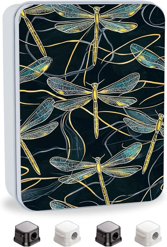 Metal Tin Box with Lid,Multi-functional Storage Box Can Store Tea Biscuits Game Cards, Playing & Tarot Cards-Comes with 4 Magnetic Cord Clips,Golden Dragonflies Pattern
