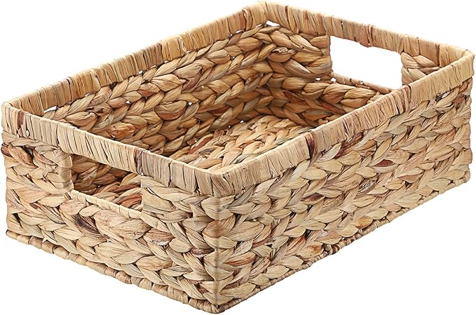 Woven Open Storage Bins Large Wicker Shelf Basket with Built-in Handles Natural Water Hyacinth Storage Baskets for Toiletries Books Fruits Organizing,15 x 10.2 x 5 inches