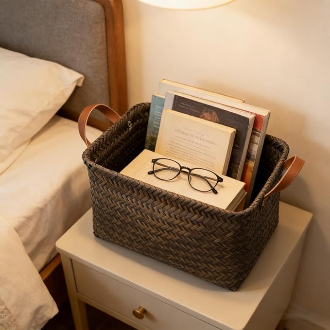 GIB Large Wicker Storage Baskets for Shelves, Woven Laundry Basket for Organizing Clothes Blanket Basket, Decorative Rectangular Closet Organizers Storage Bins with Handles, Black/Dark Gray, 4 Pack