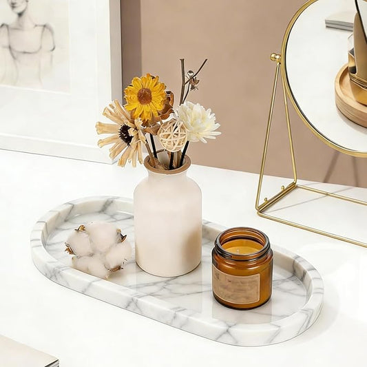 Natural Marble Tray, White Stone Tray, Vanity Decorative Tray for Countertop, Catchall for Perfume, Candles, Skincare, Jewelry Dish, Bathroom Tray, Hotel Supplies