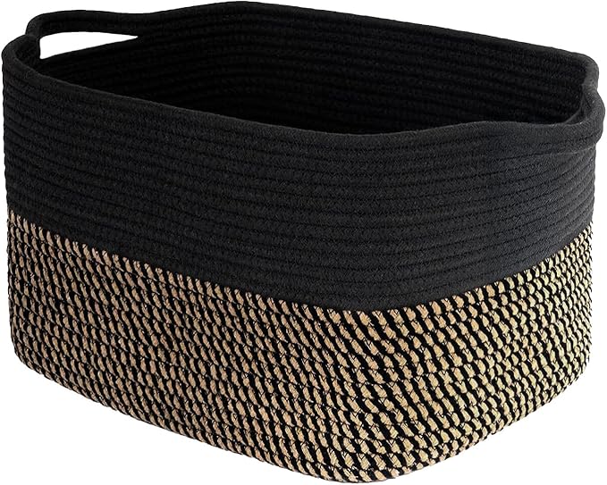 Storage Basket,Cotton Rope Woven Baskets for Organizing,Medium Soft Basket for Toys,Nursery,Bedroom, Gift Baskets for Home Decor,14"Ã11"Ã10",Black-Brown