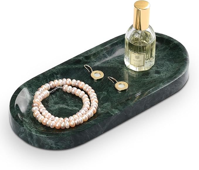 Bathroom Vanity Tray, Natural Marble Oval Tray 10 inch, Emerald Green Marble Vanity Tray for Soap Dispenser Modern Countertop Organizer for Kitchen Countertops, Home Decor