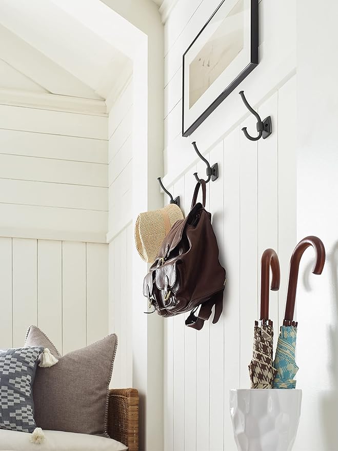 Amerock H37002MB | Kinsale Double Prong Decorative Wall Hook | Matte Black Hook for Coats, Hats, Backpacks, Bags | Hooks for Bathroom, Bedroom, Closet, Entryway, Laundry Room, Office