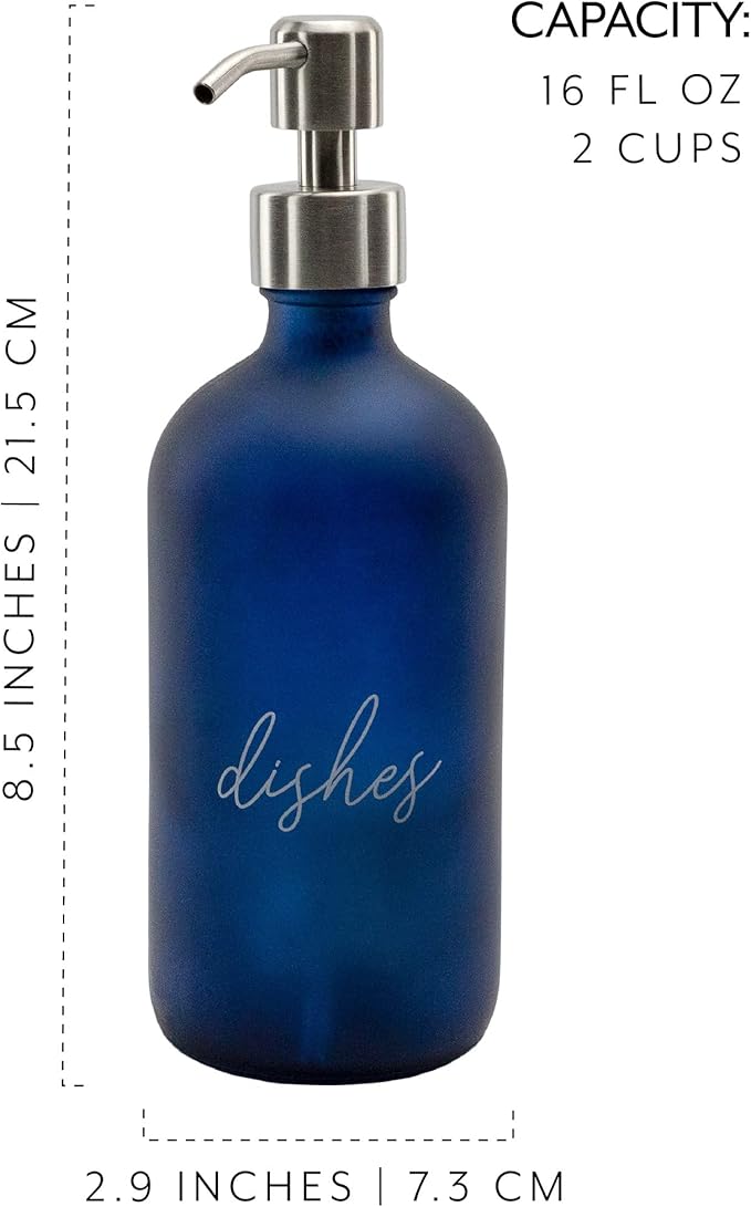 Cornucopia Brands 16oz Hands Dishes Pump Bottles (Blue, Set of 2); Frosted Blue Pump Dispensers for Kitchen and Home